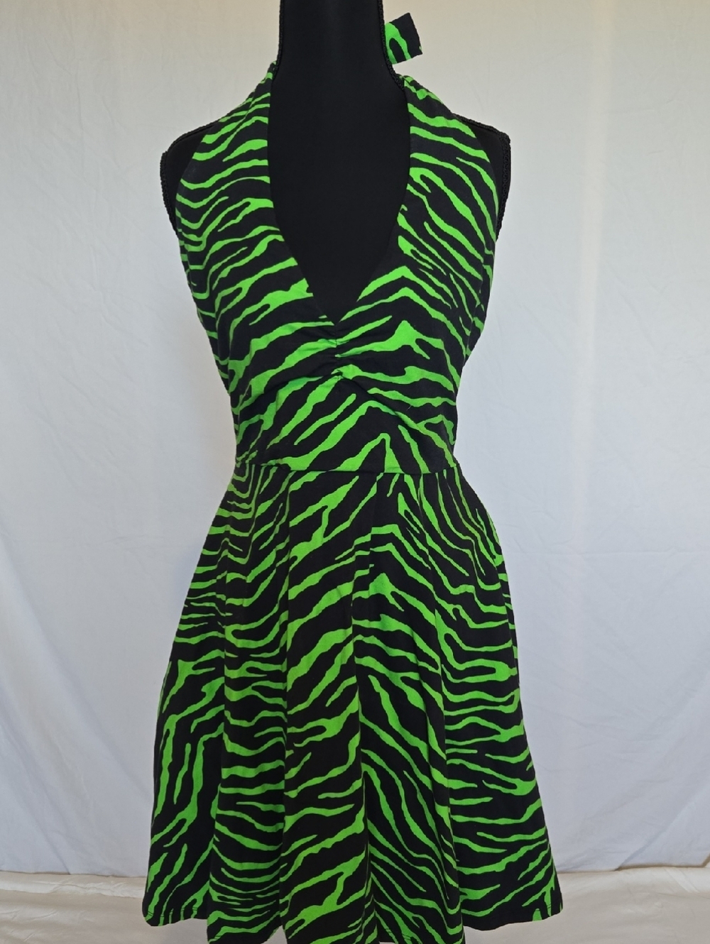 Sourpuss Neon Green and Black Zebra Print Tie Halter Dress L